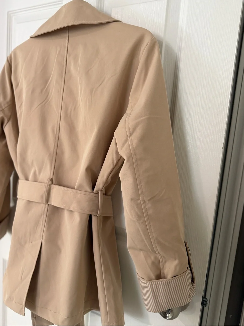Beige Double-Breasted Belted Trench Coat - Picture 6 of 10